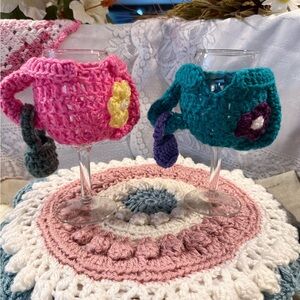 Crochet Wine Glass Cozies in Pink and Teal